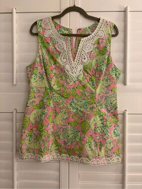 Lilly Pulitzer Size 12 White Label Pink & Lime Printed Sleeveless Top